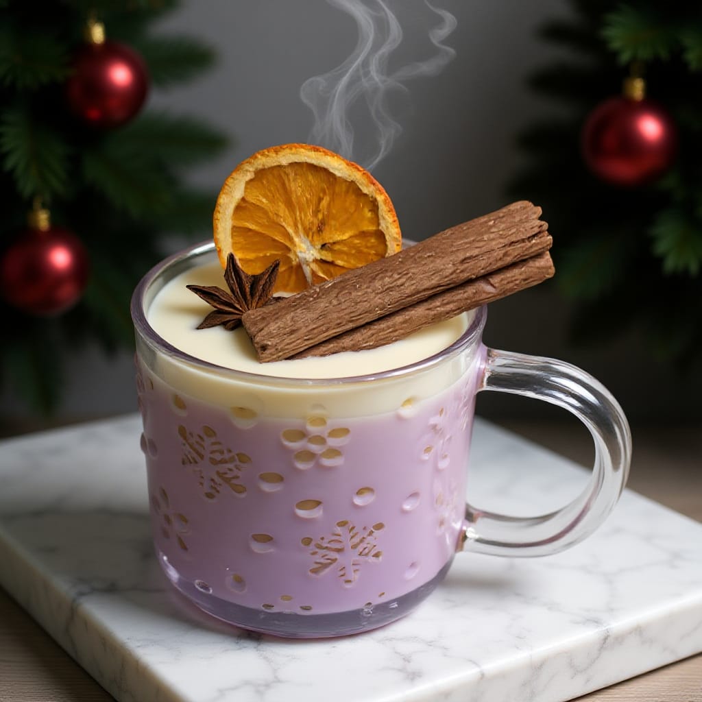 Hot beverage in a decorative glass mug with cinnamon stick and orange slice, Christmas decorations in the background.