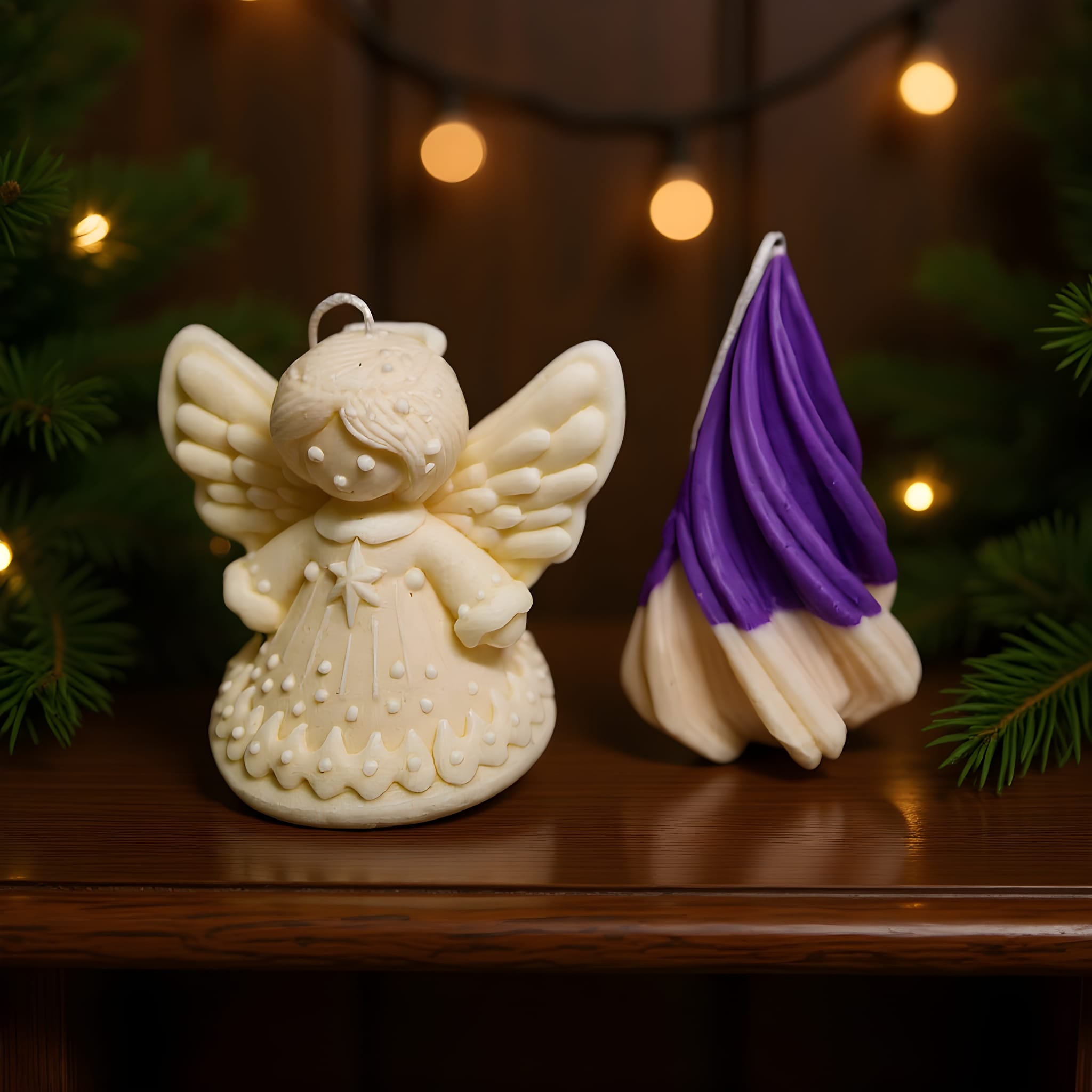 Two angel-shaped candles, one with a purple cape, on a wooden surface with a festive background.