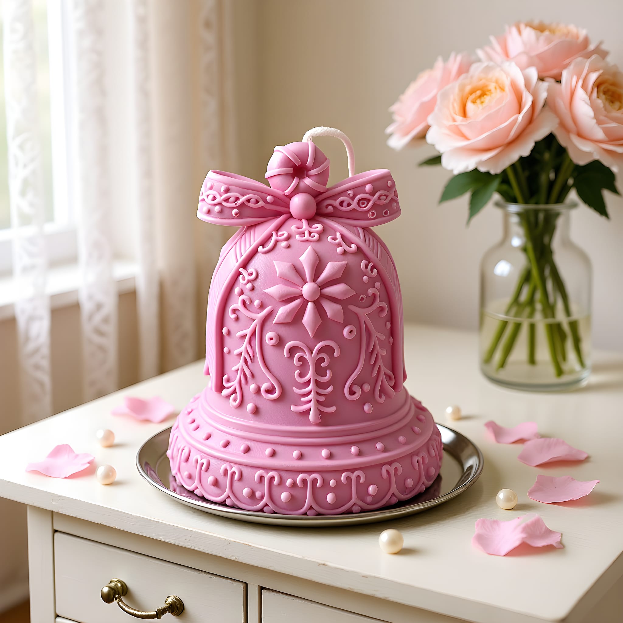 Pink decorative bell with floral patterns on a table with flowers in the background