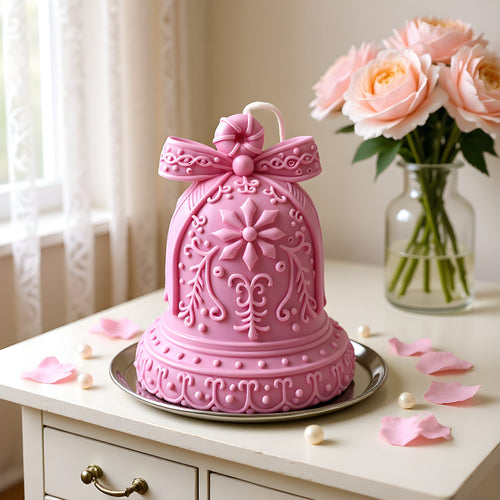 Pink decorative bell with floral patterns on a table with flowers in the background
