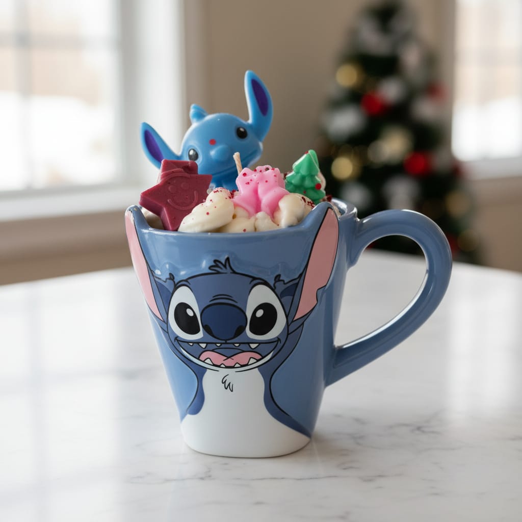 Stitch-themed mug with character design filled with candy on a marble surface.