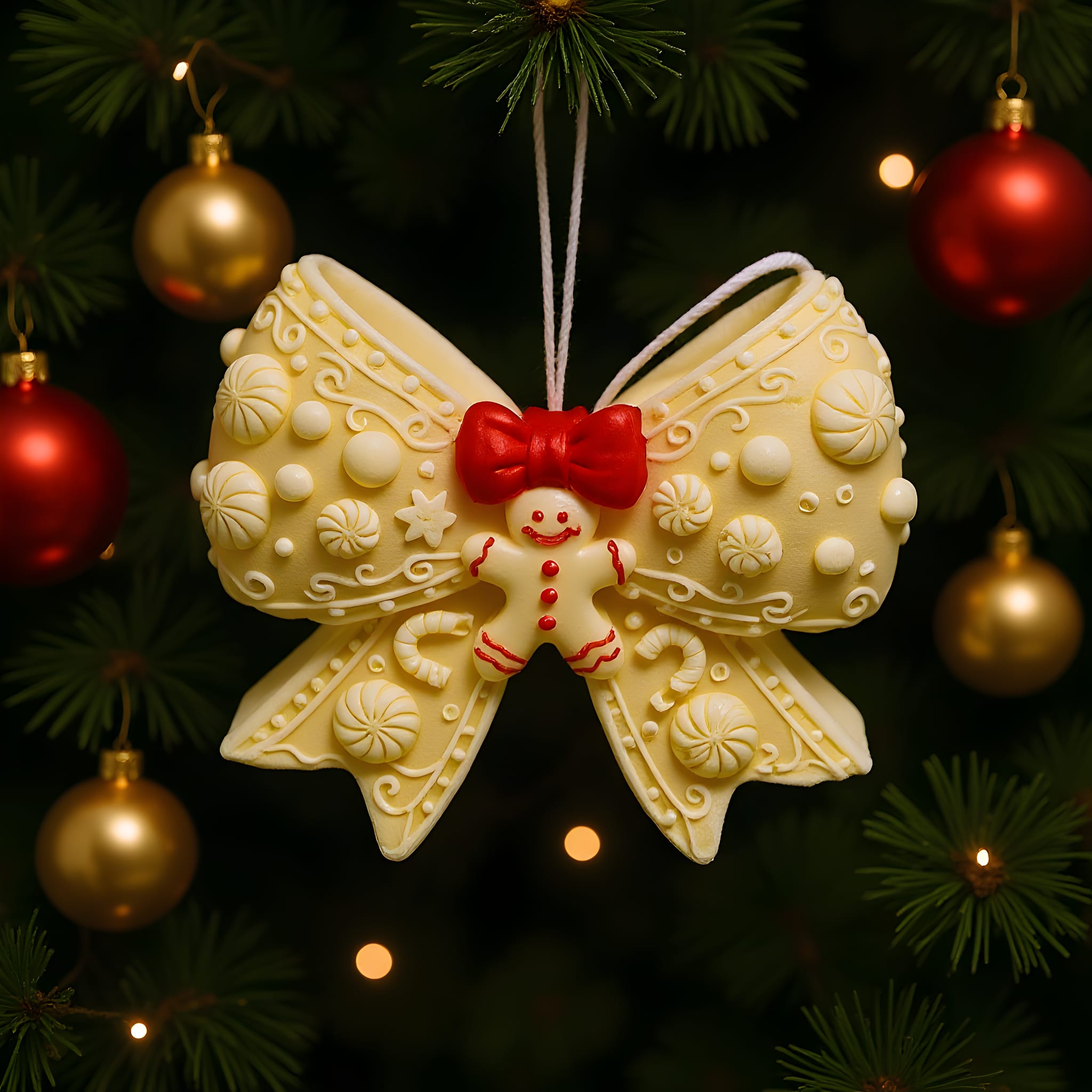 Decorative Christmas bow ornament with a red bow and gingerbread man on a tree background.
