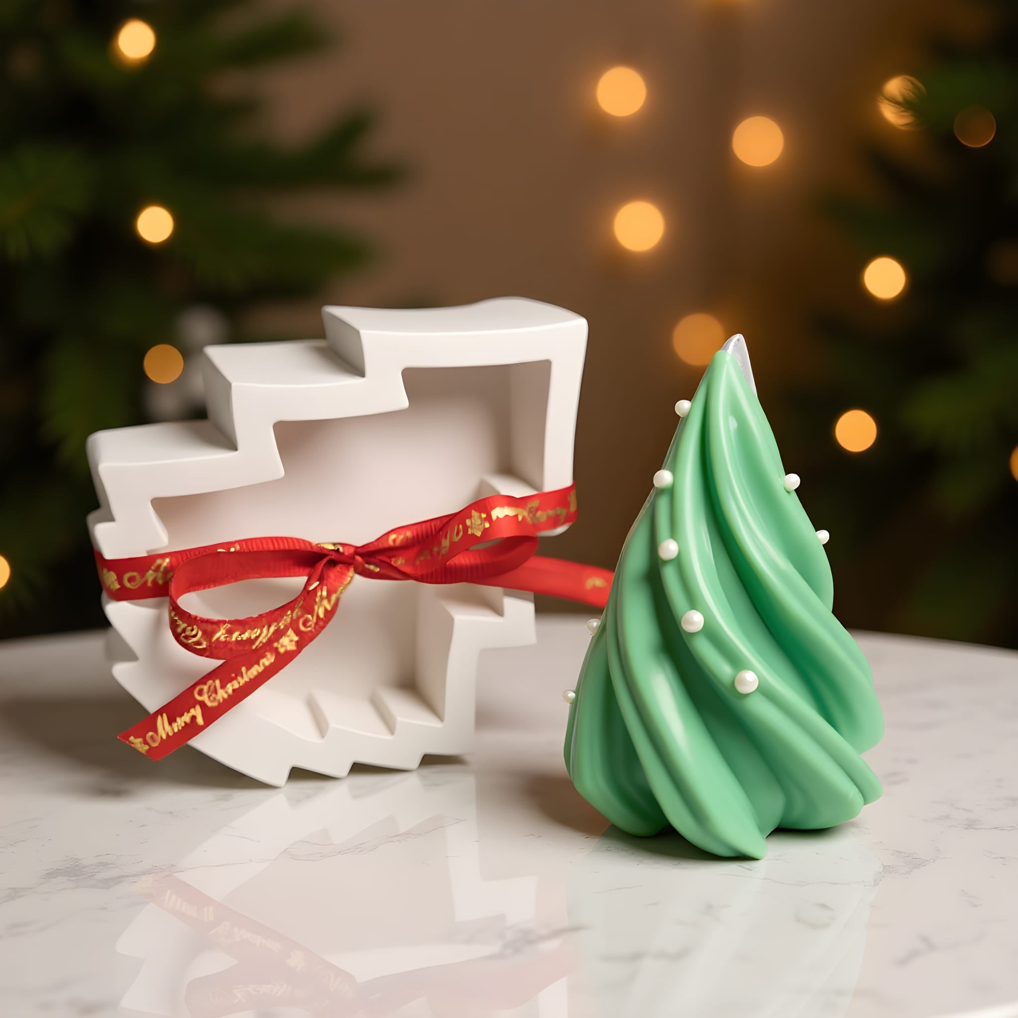 Decorative Christmas tree mold with a green tree-shaped candle and red ribbon on a blurred festive background.