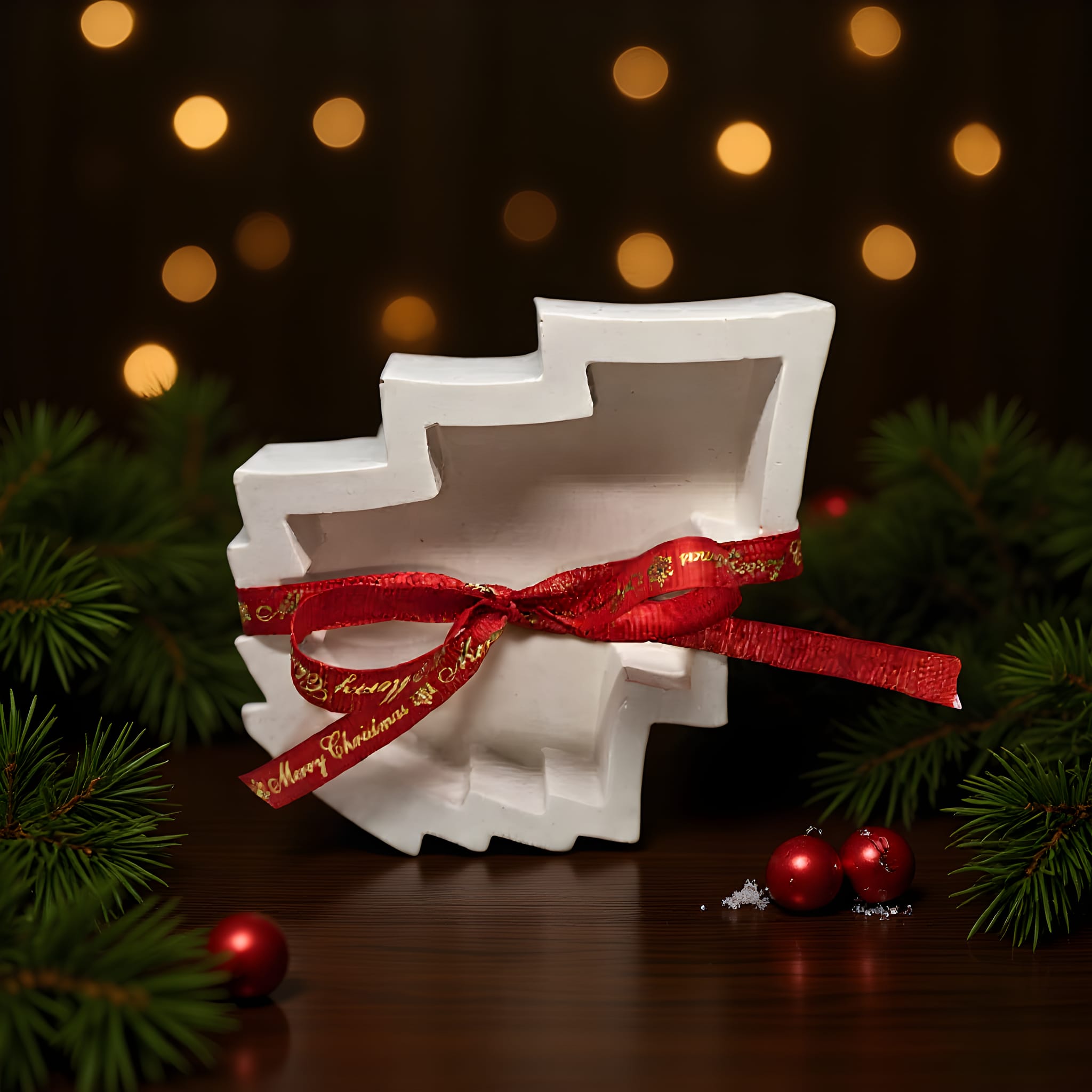 White decorative item with a red ribbon and Christmas decorations on a dark background