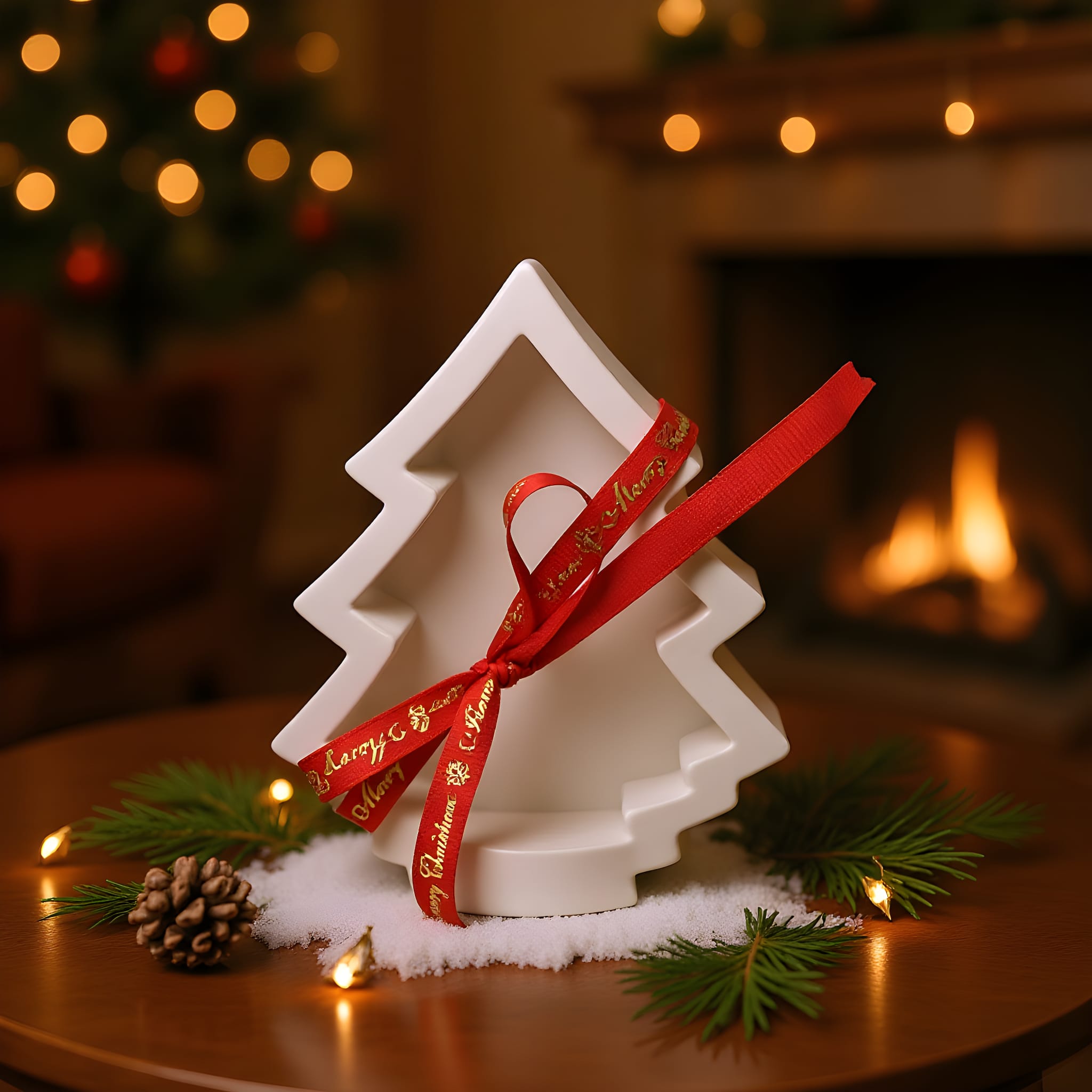 White Christmas tree-shaped decoration with a red ribbon on a wooden surface, with a fireplace and tree in the background.
