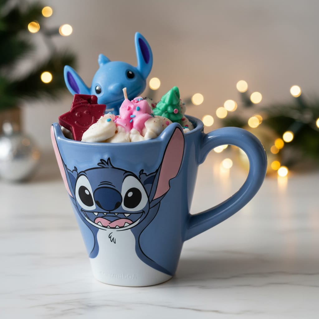 Blue mug with cartoon character design filled with whipped cream and candy, Christmas lights in the background