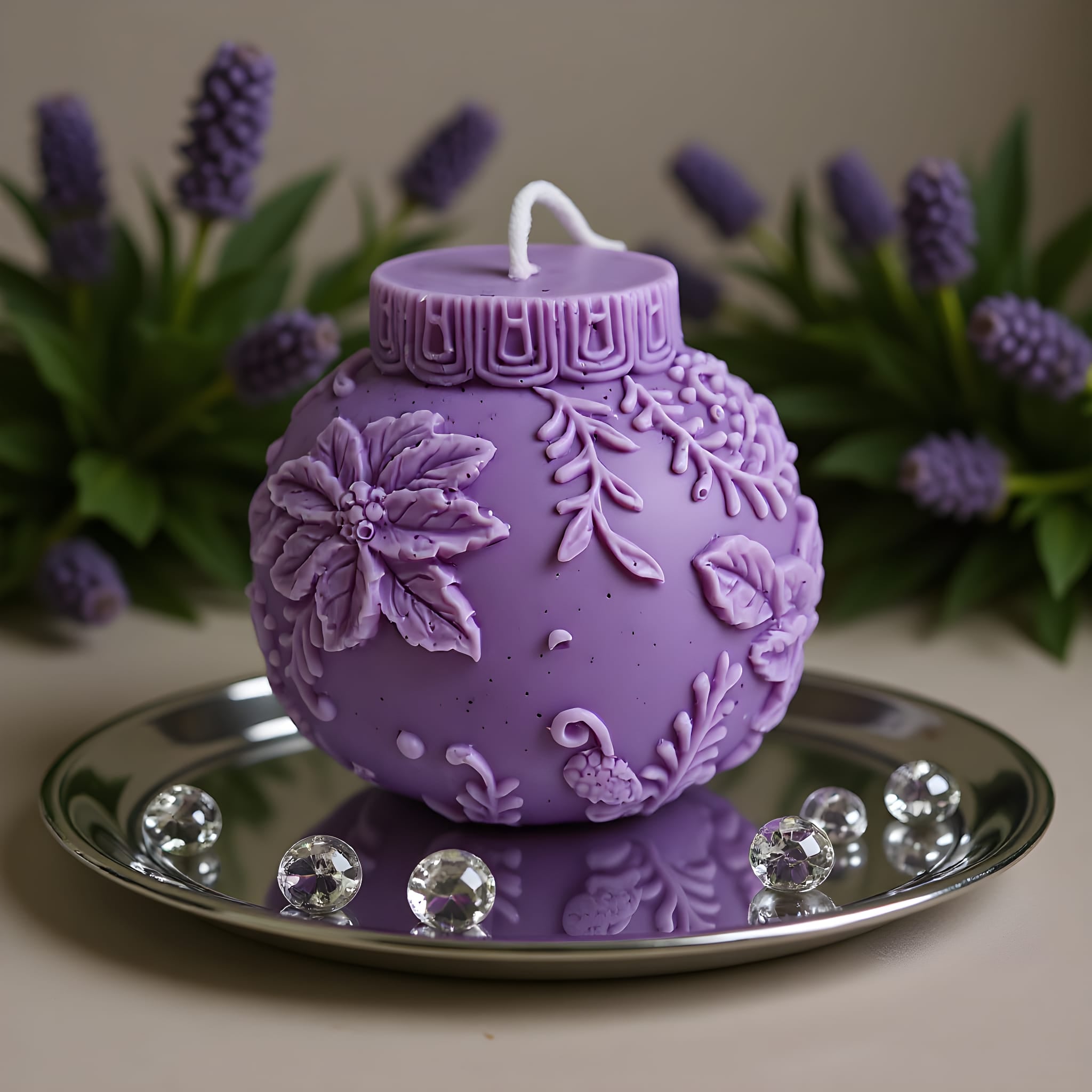 Decorative purple candle with floral patterns on a metallic plate with flowers in the background
