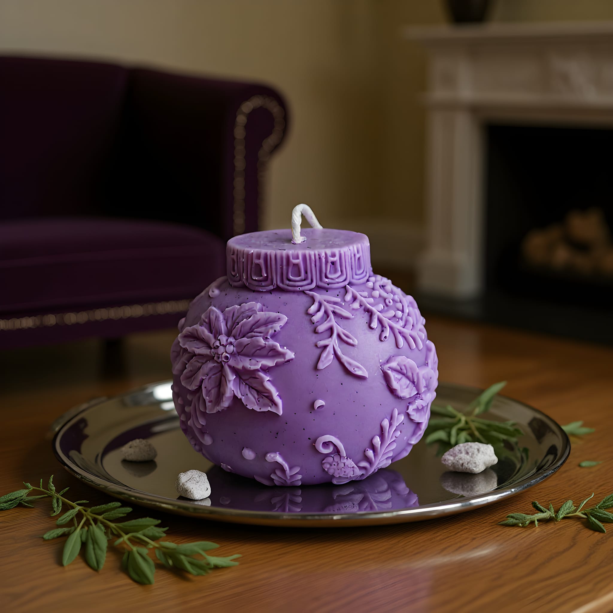 Decorative purple candle with floral patterns on a metallic tray in a home setting.