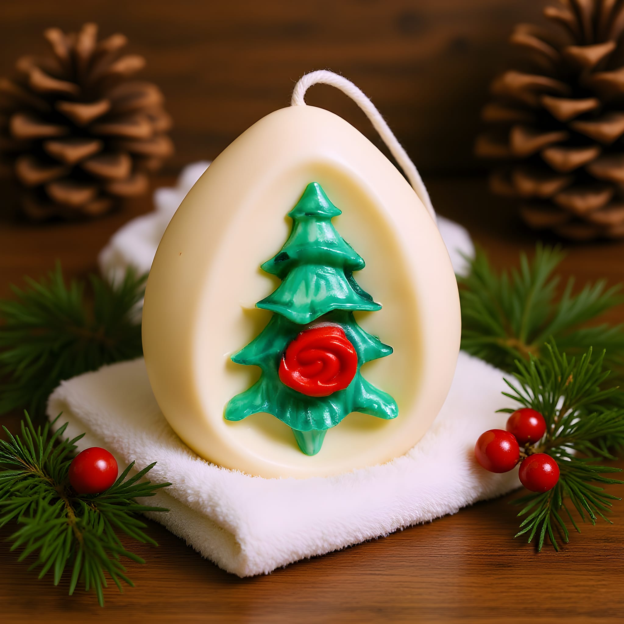 Decorative candle with Christmas tree and rose design on a wooden surface with pine cones and berries.