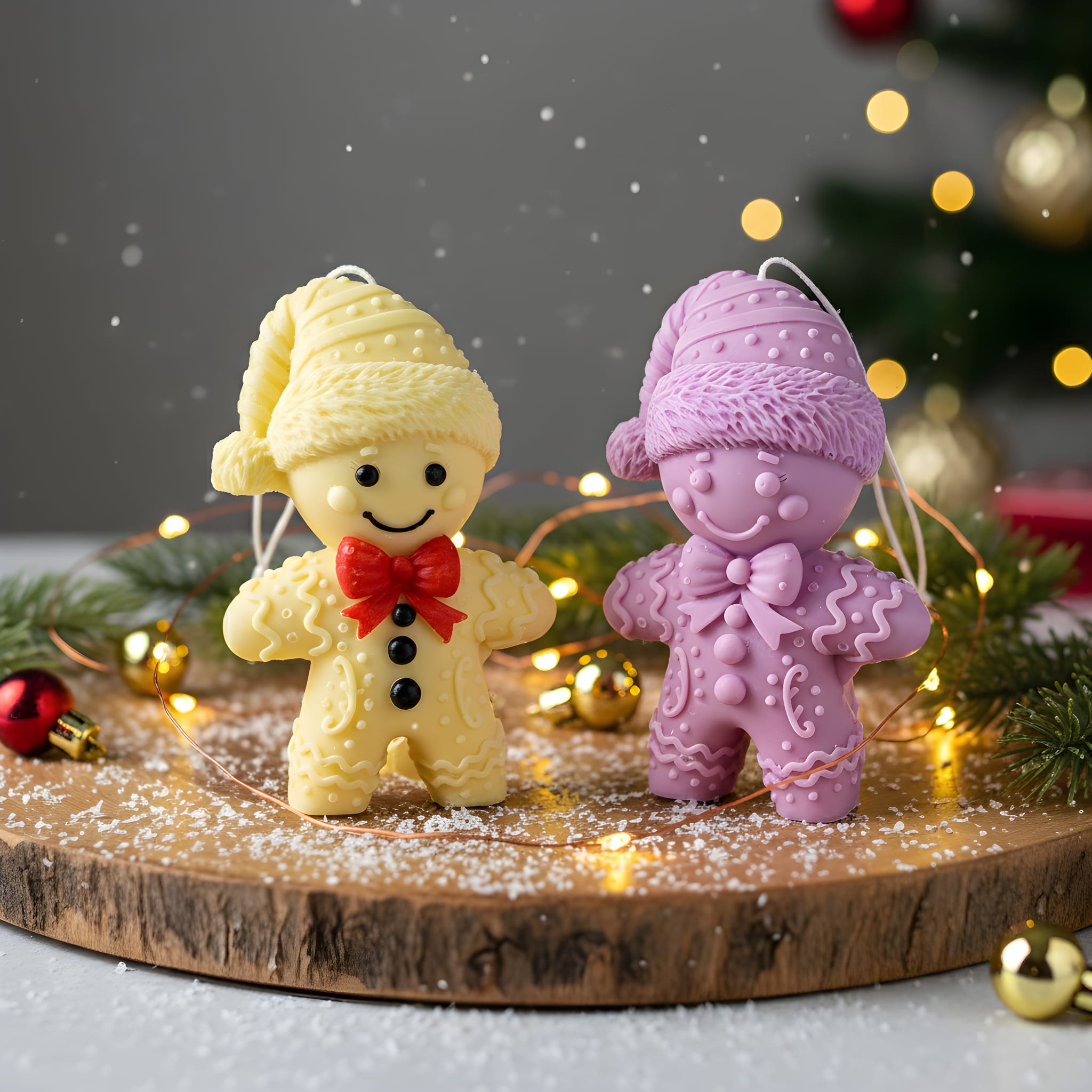 Two gingerbread man-shaped candles, one yellow and one purple, on a wooden board with Christmas decorations in the background.