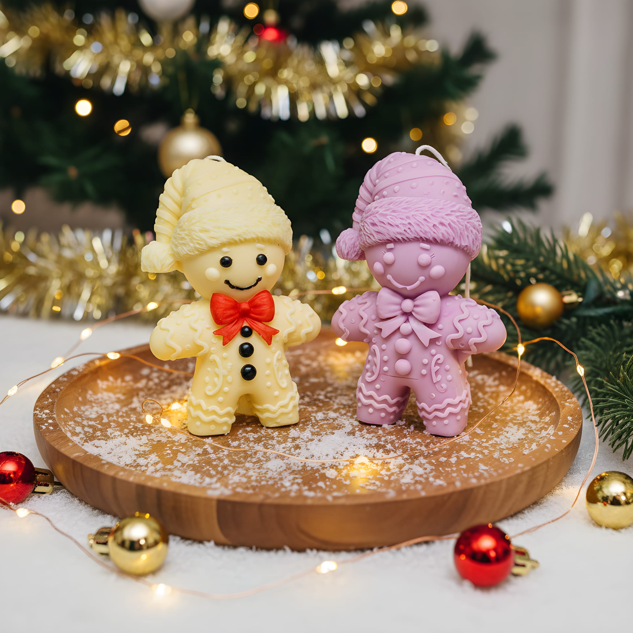 Two gingerbread man figurines, one yellow and one pink, on a wooden plate with Christmas decorations in the background.