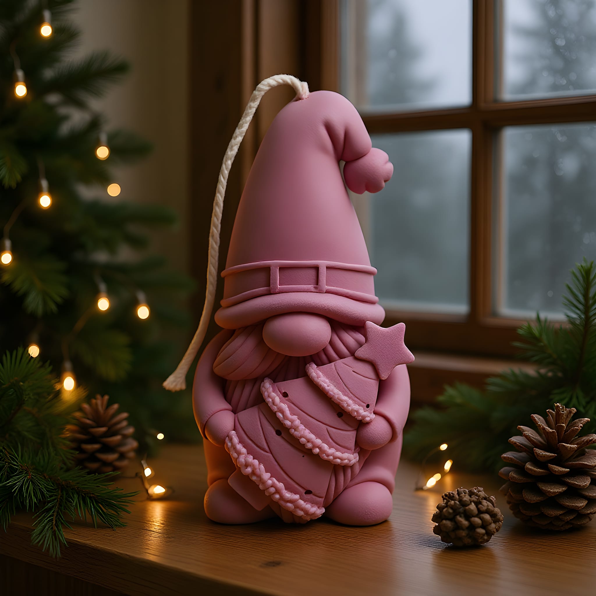 Pink gnome ornament with a star on a wooden surface with Christmas decorations.