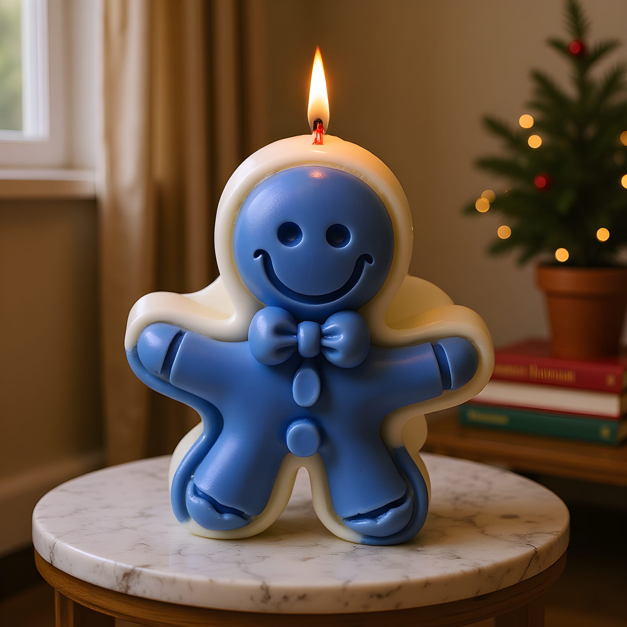 Blue gingerbread man candle with a flame on a marble surface, Christmas decorations in the background