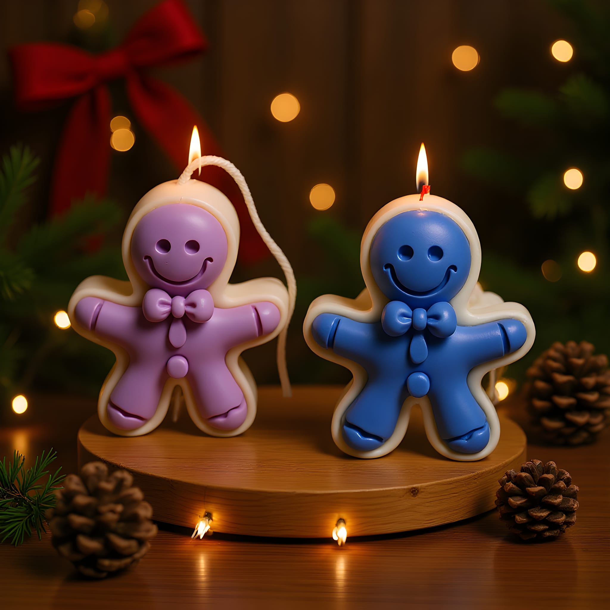 Two colorful gingerbread man candles on a wooden base with a festive background.