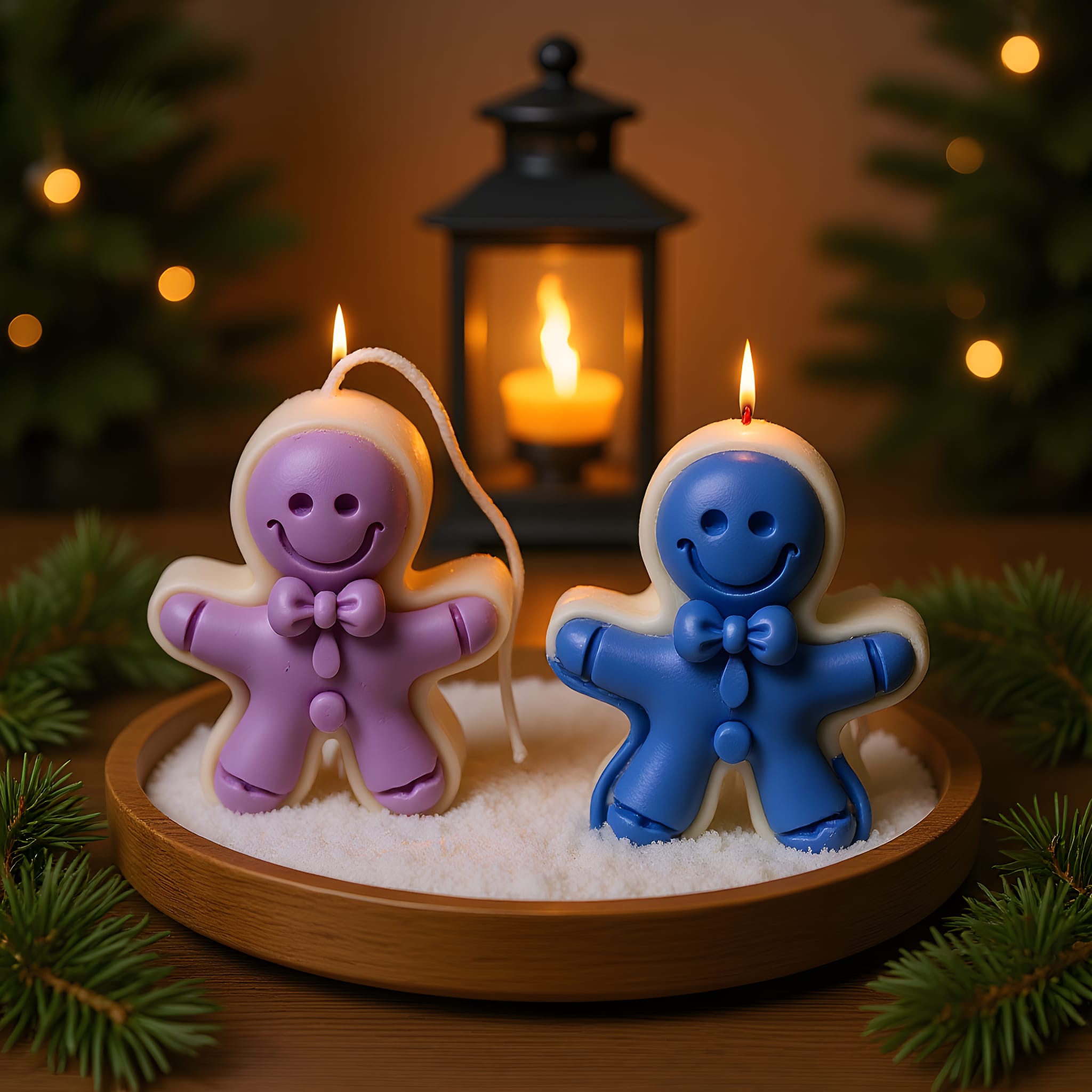 Two colorful gingerbread man candles on a wooden tray with a candlelit lantern in the background.