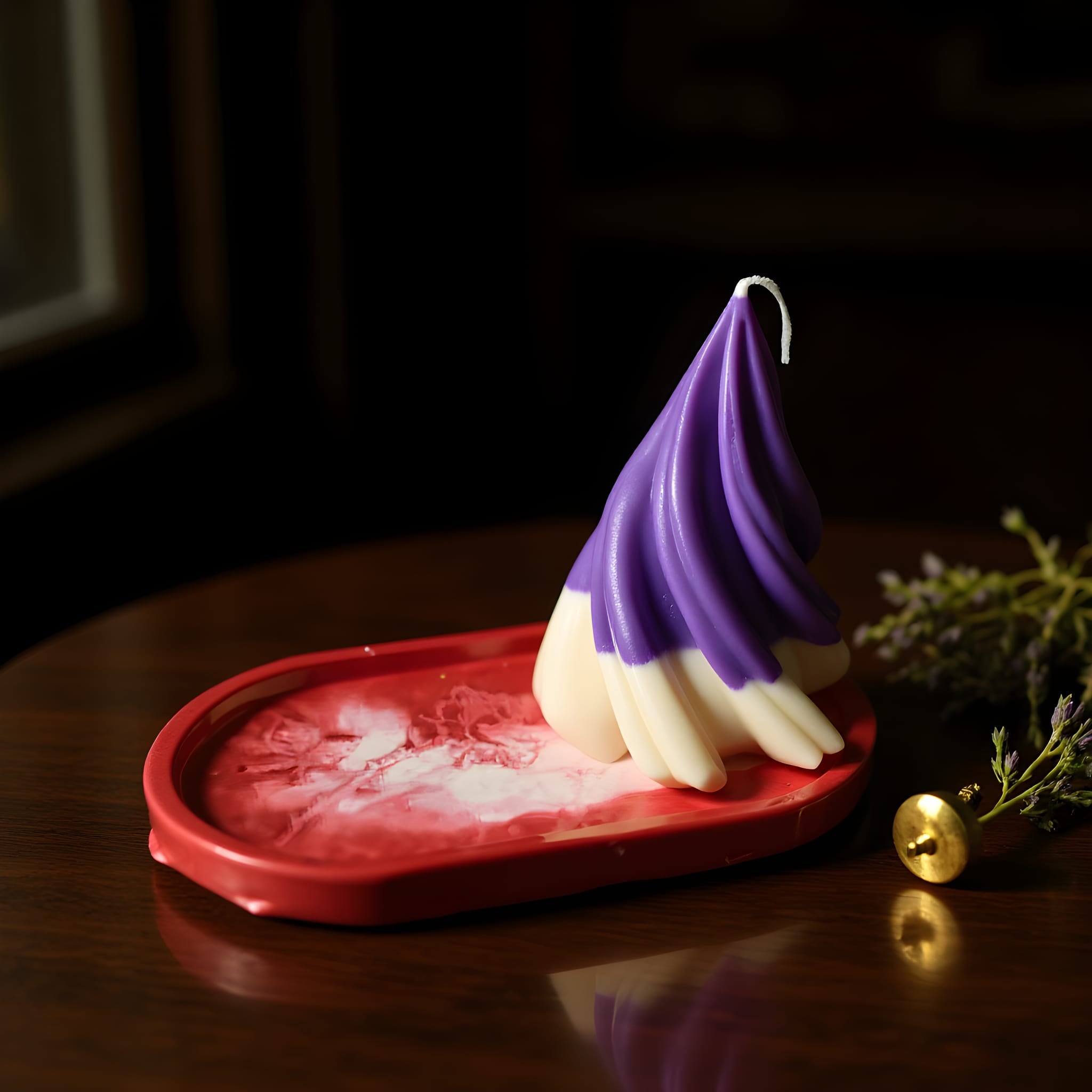 Purple and white candle on a red base with a dark background