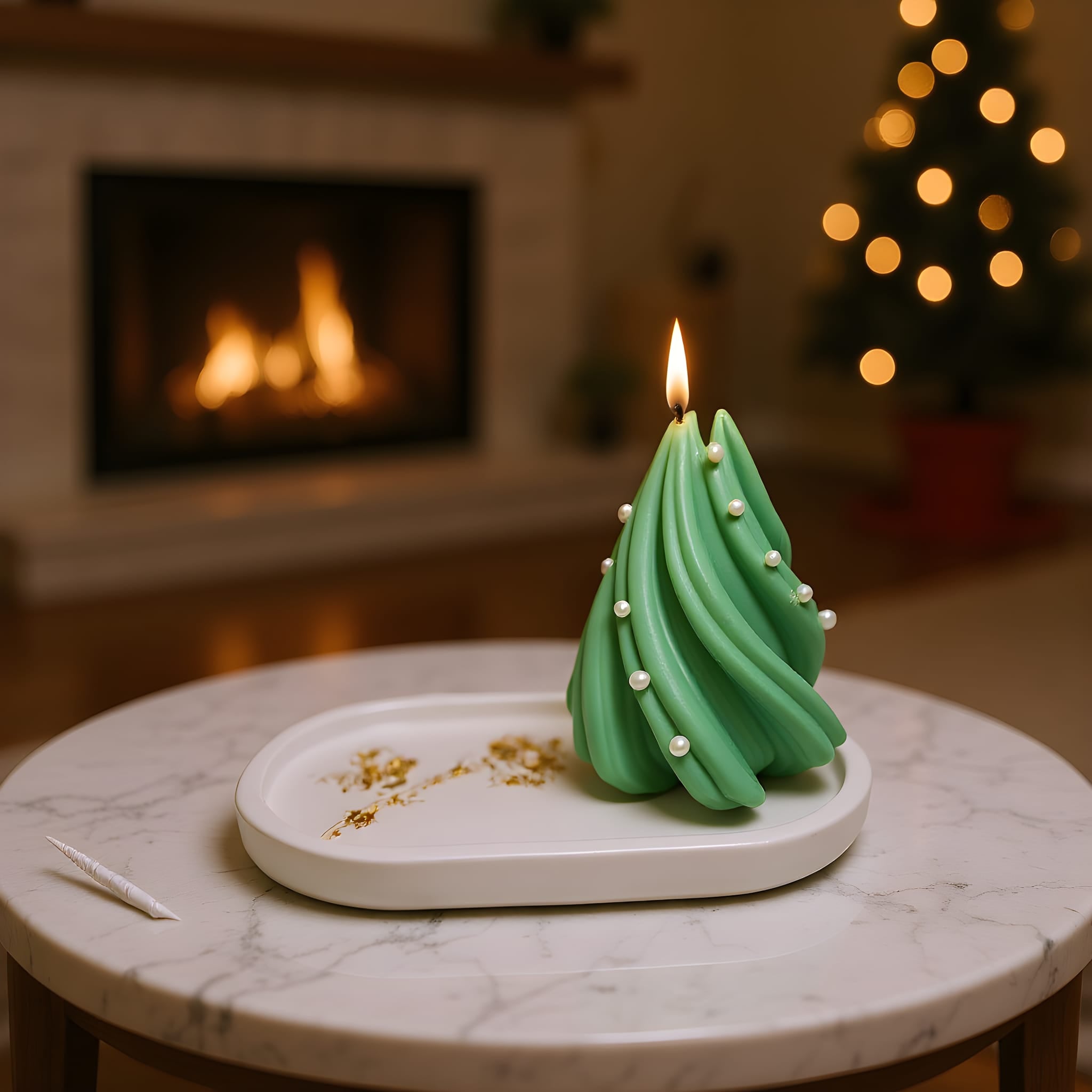 Green candle shaped like a Christmas tree on a marble surface with a fireplace and tree in the background.