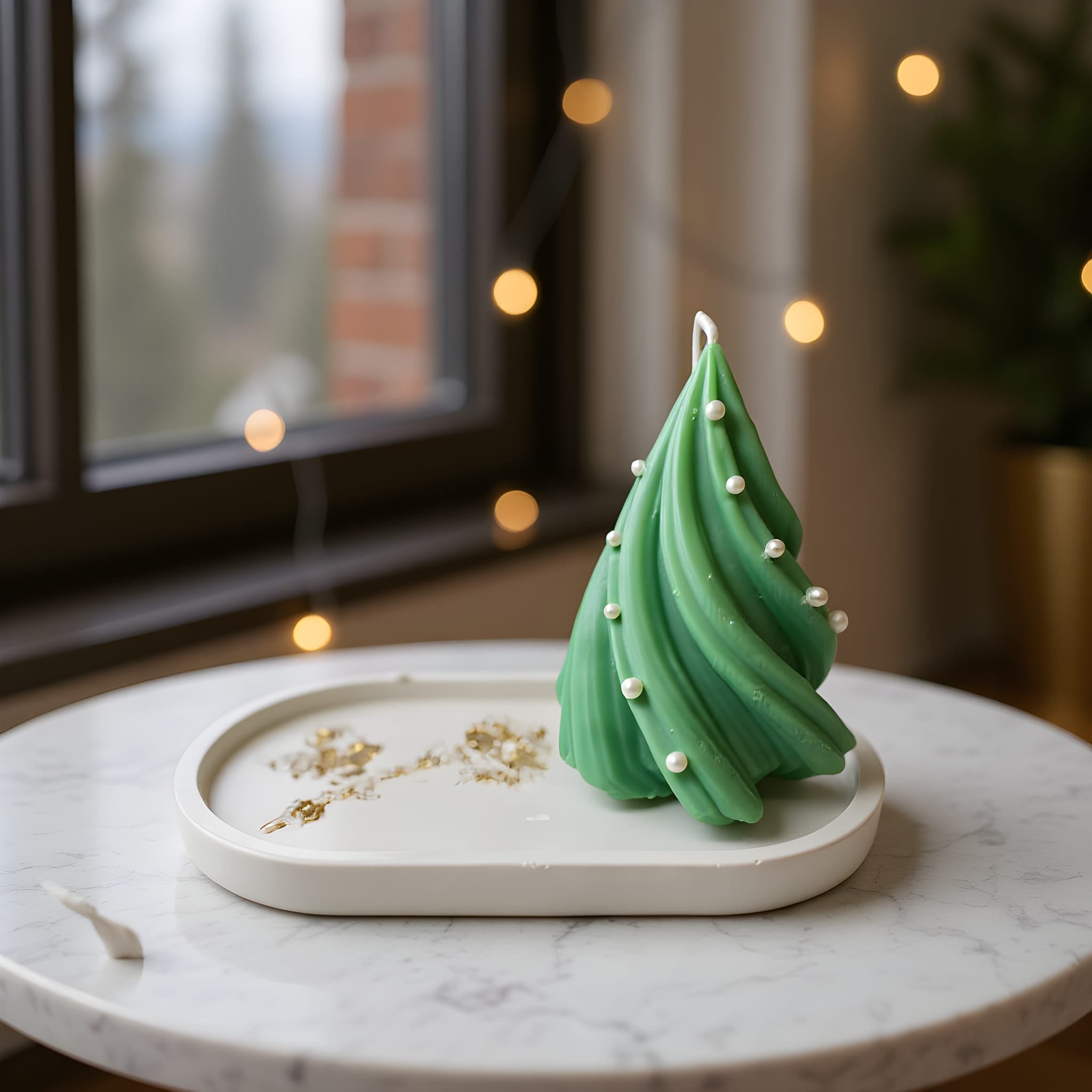 Green Christmas tree-shaped candle on a marble surface with blurred lights in the background