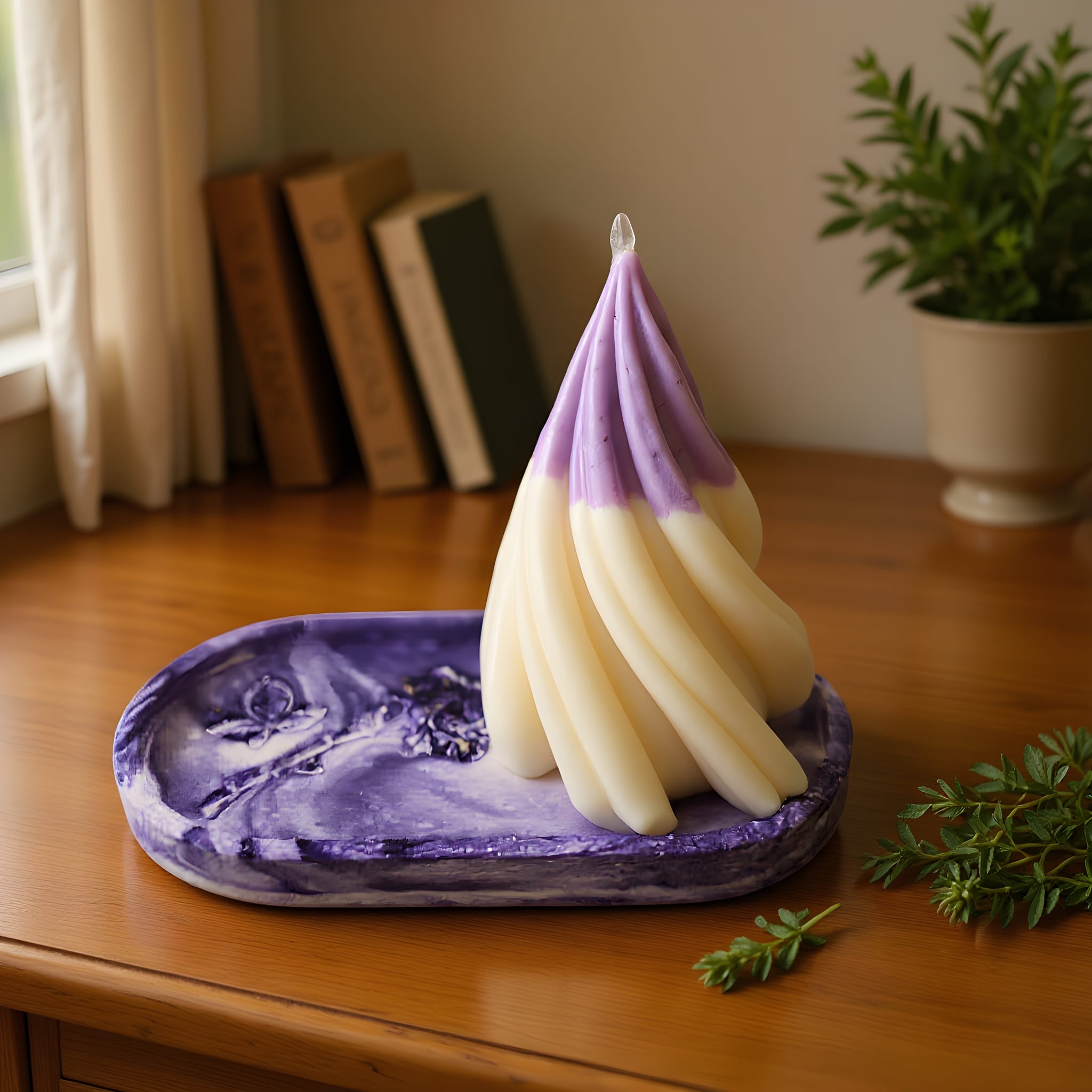 Decorative candle with purple and white layers on a purple base, placed on a wooden surface with books and a plant in the background.