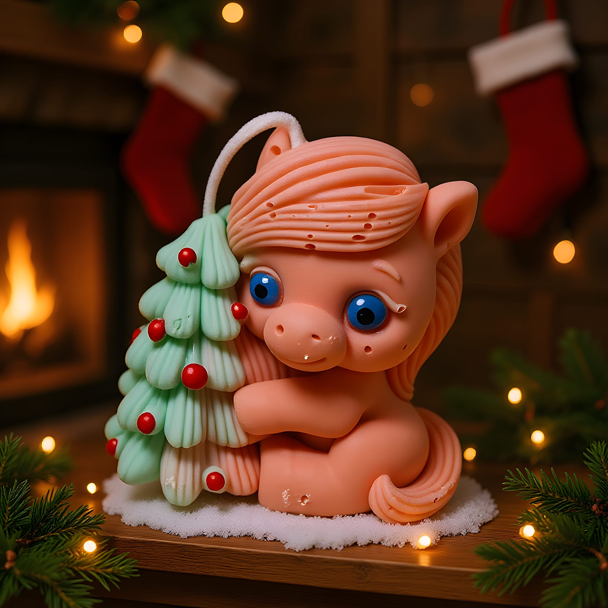 Pink pig figurine with a Christmas tree on a decorative stand with stockings and lights in the background.
