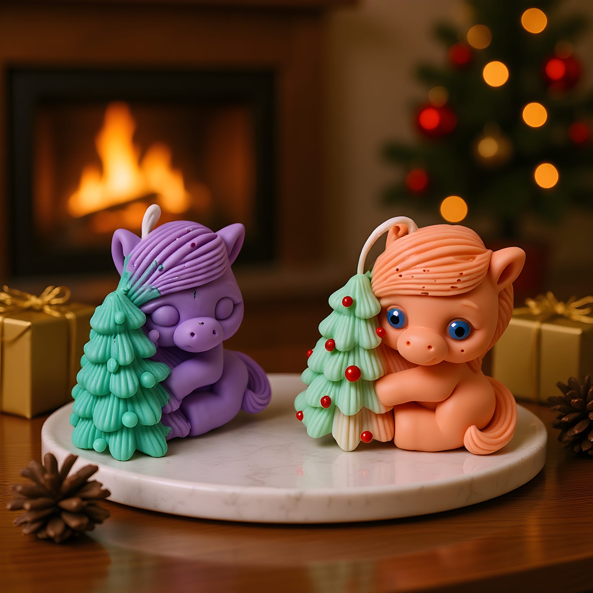 Two colorful pony figurines with Christmas trees on a marble base in front of a fireplace and tree.