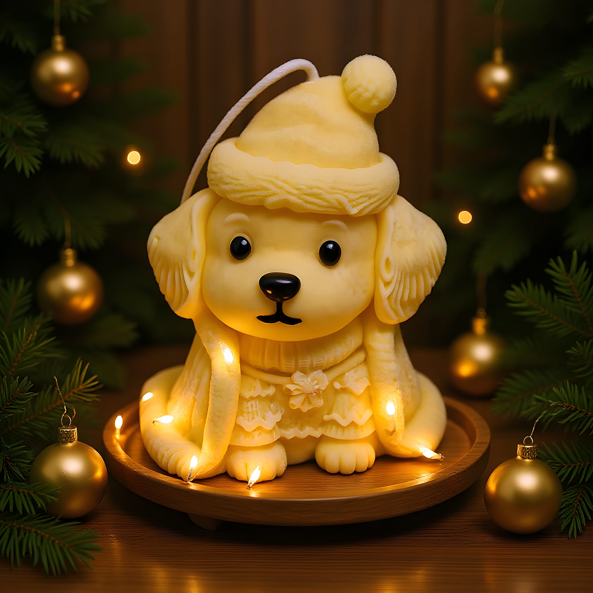 Decorative dog-shaped light with a hat, surrounded by Christmas ornaments.