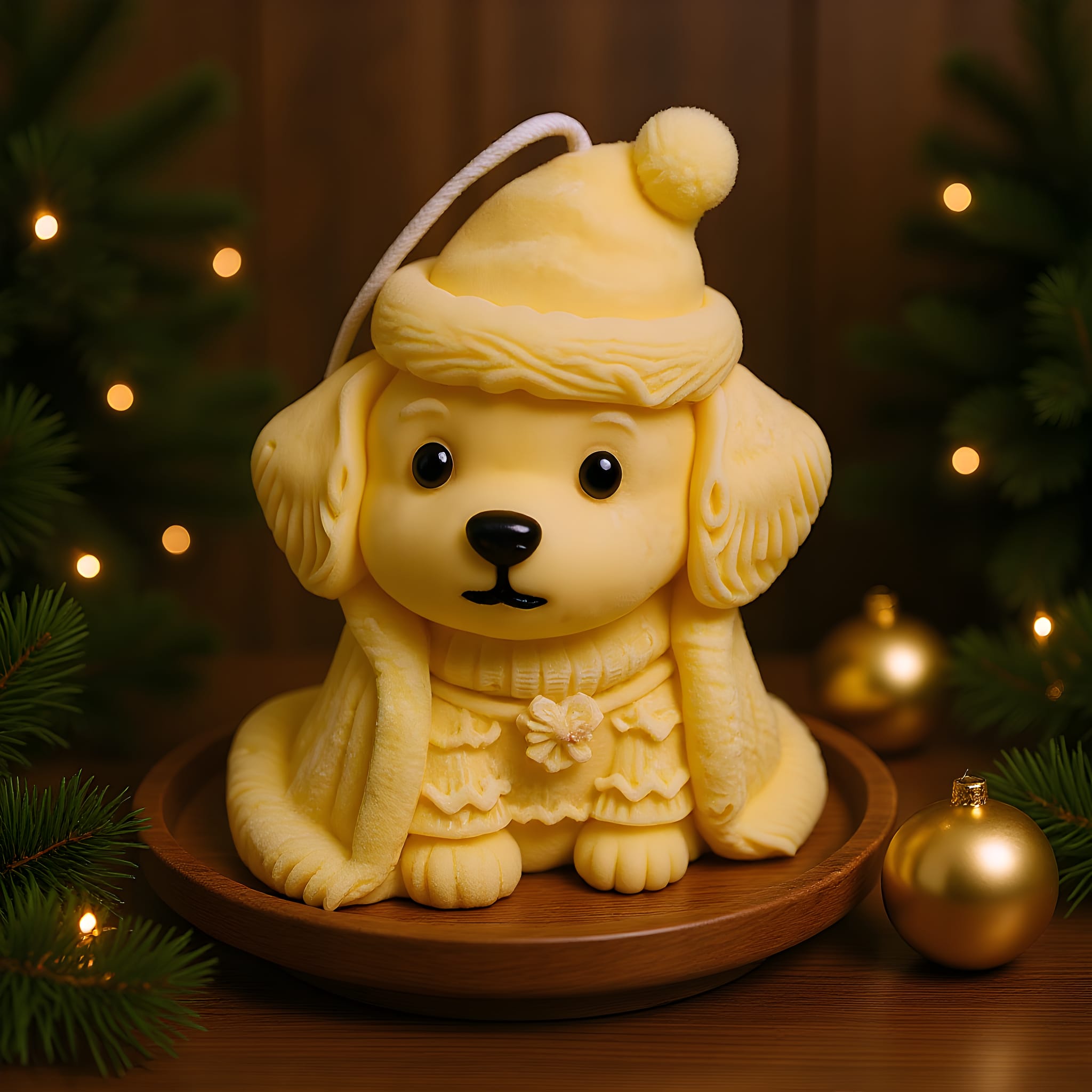 Dog-shaped candle with a hat and scarf on a wooden plate, surrounded by Christmas decorations.