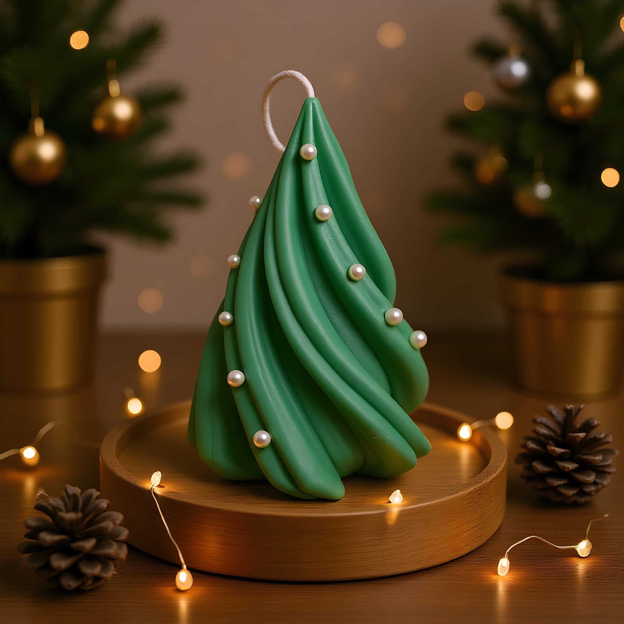 Green tree-shaped candle on a wooden base with decorative lights and pinecones in a festive setting.