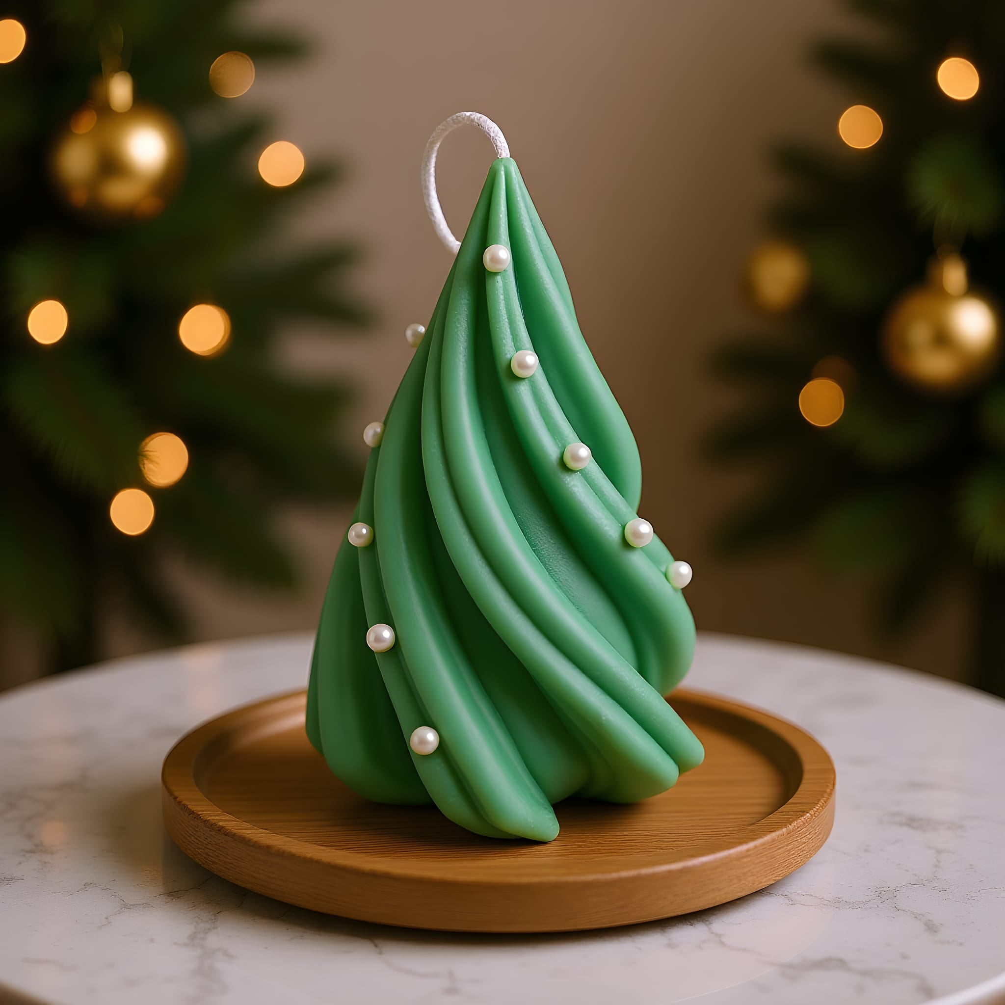 Green Christmas tree-shaped candle on a wooden base with blurred festive background