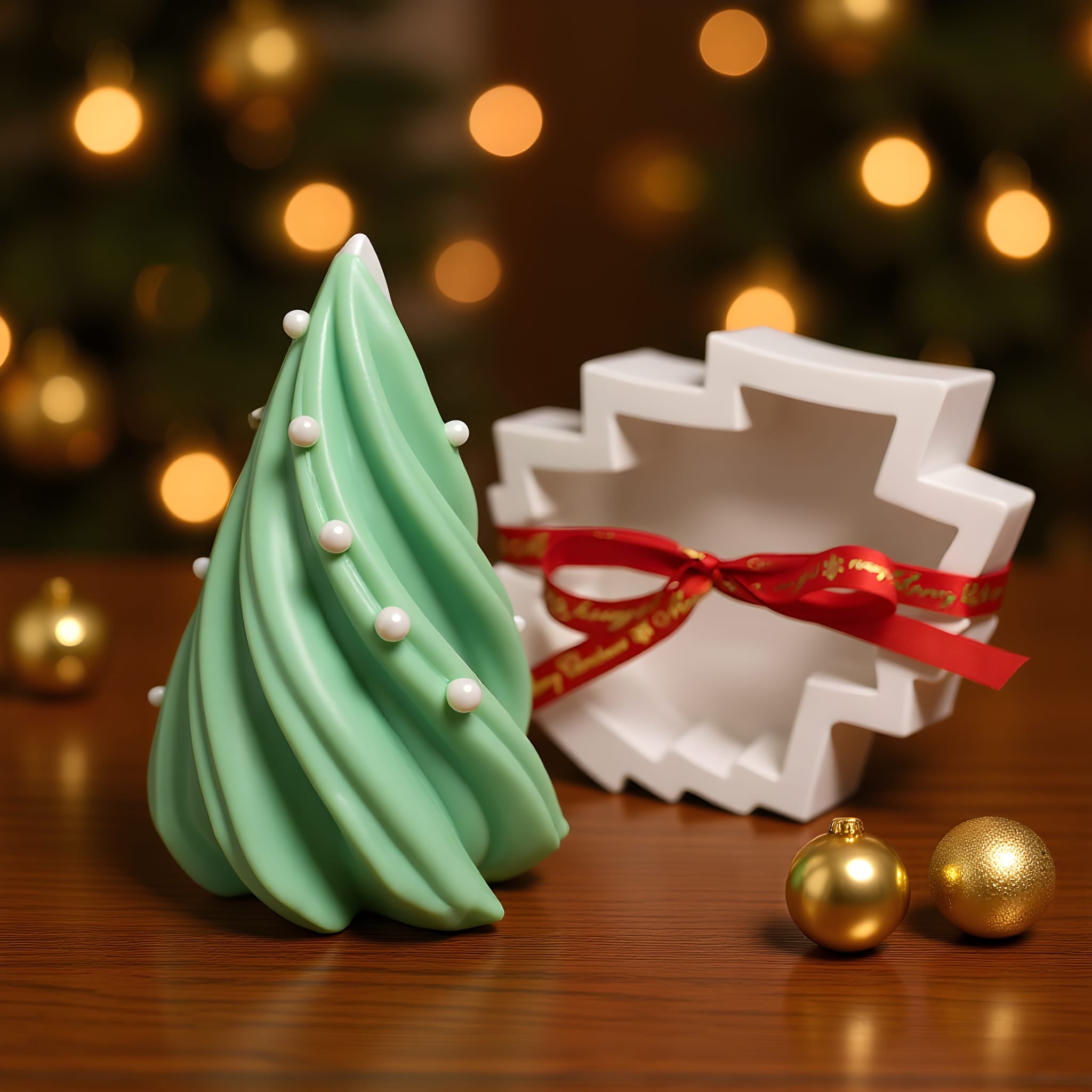 Decorative Christmas tree and snowflake ornaments with gold balls on a wooden surface.