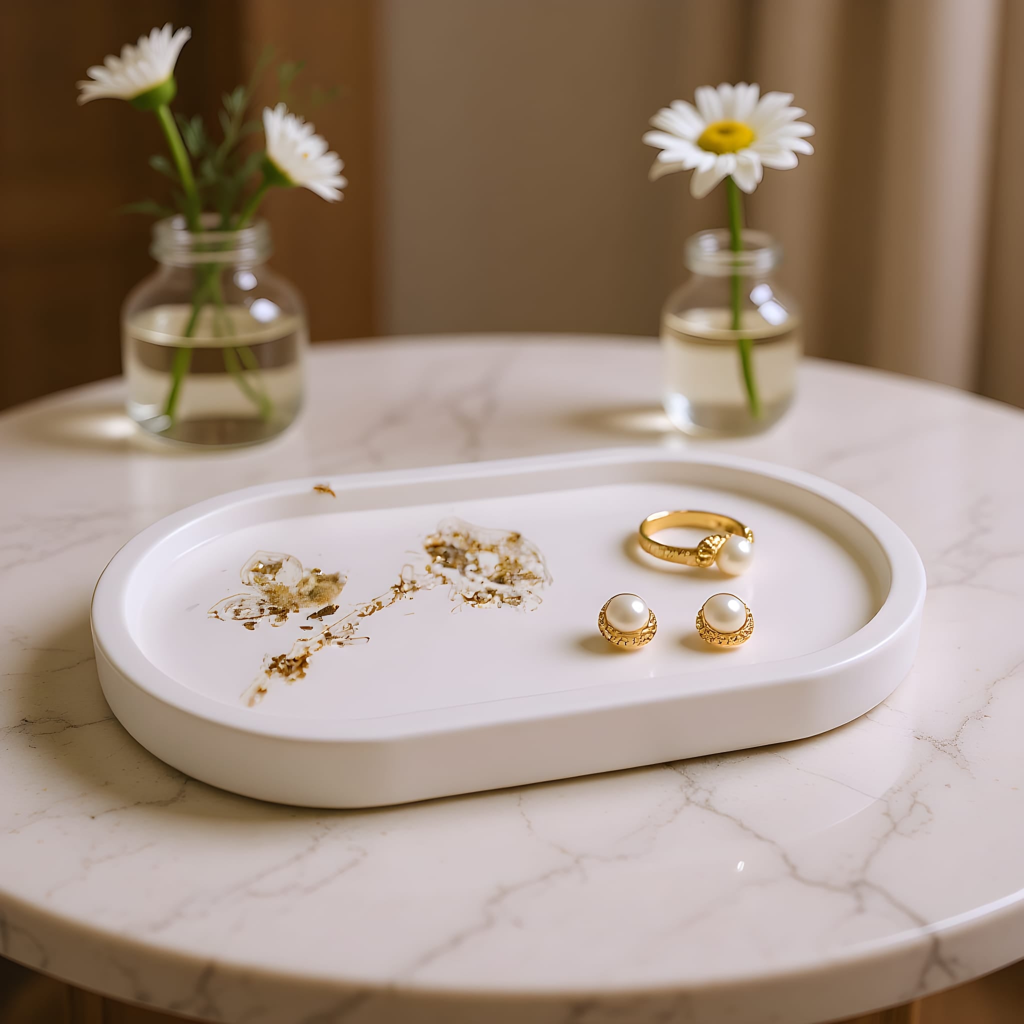 Jewelry set on a marble tray with two small vases of flowers in the background.