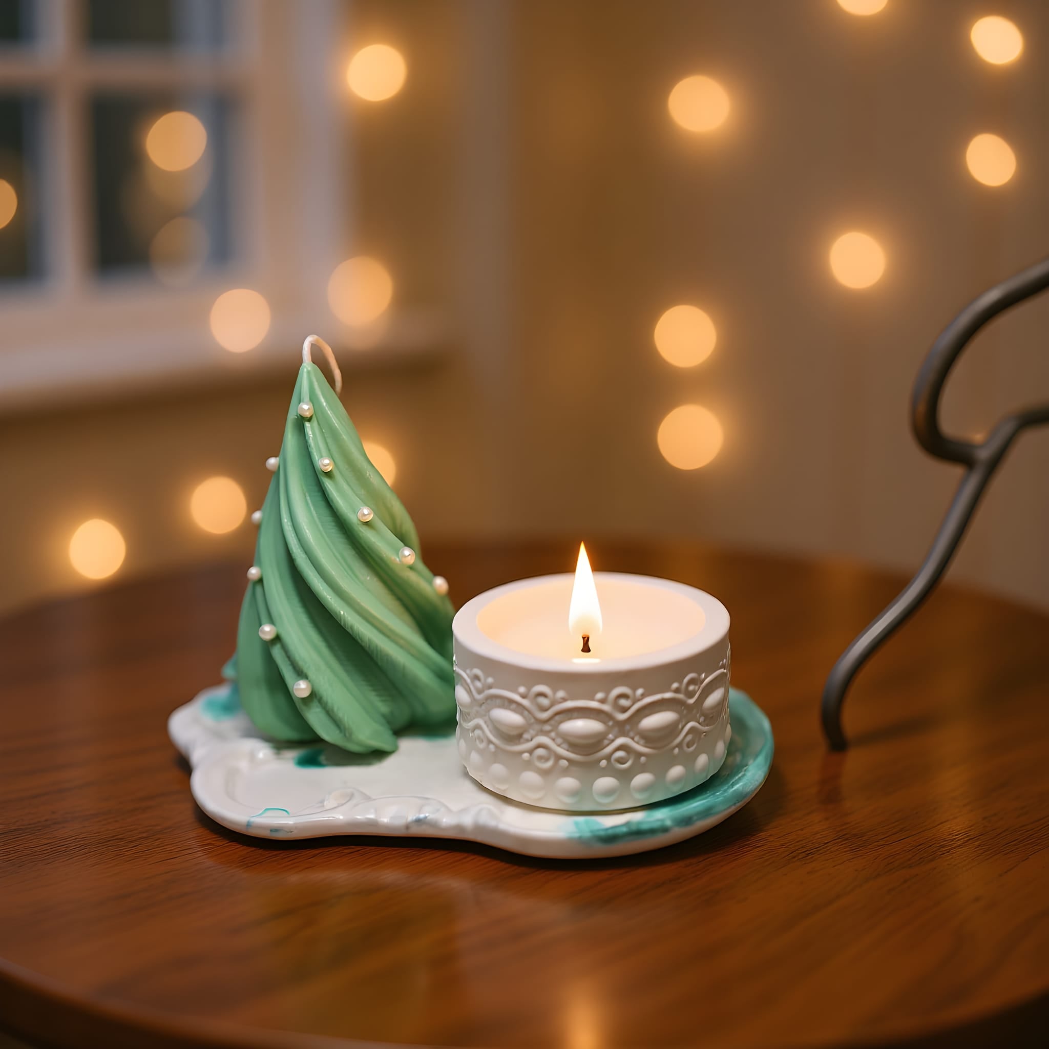 Decorative candle with a Christmas tree design on a wooden table with blurred lights in the background