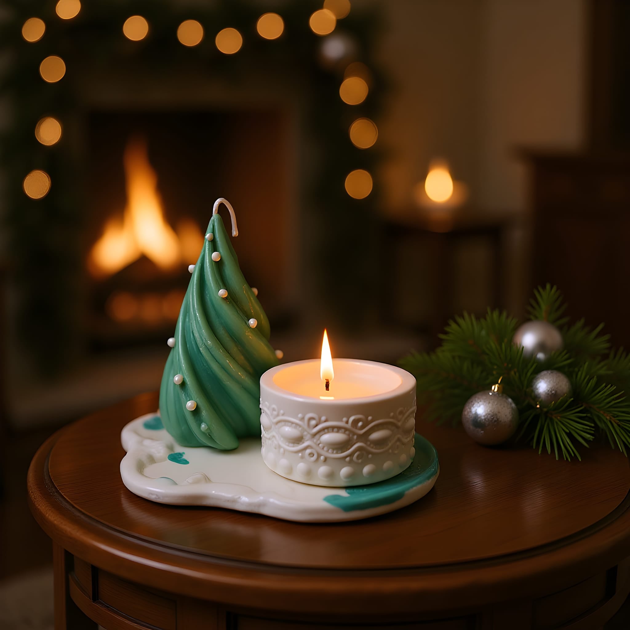 Decorative candle with Christmas tree ornament and fairy lights in the background