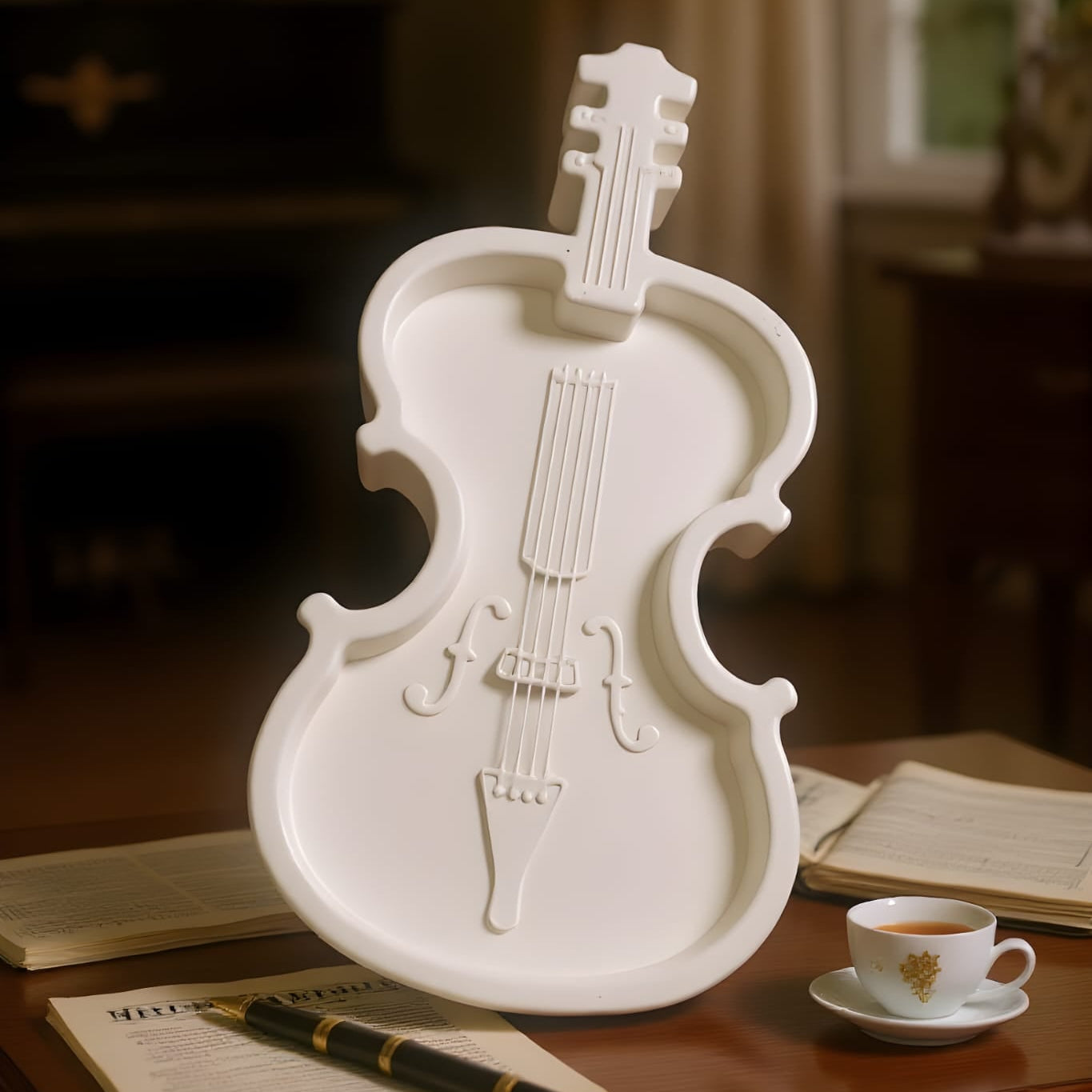White violin-shaped tray on a wooden surface with a cup and pen