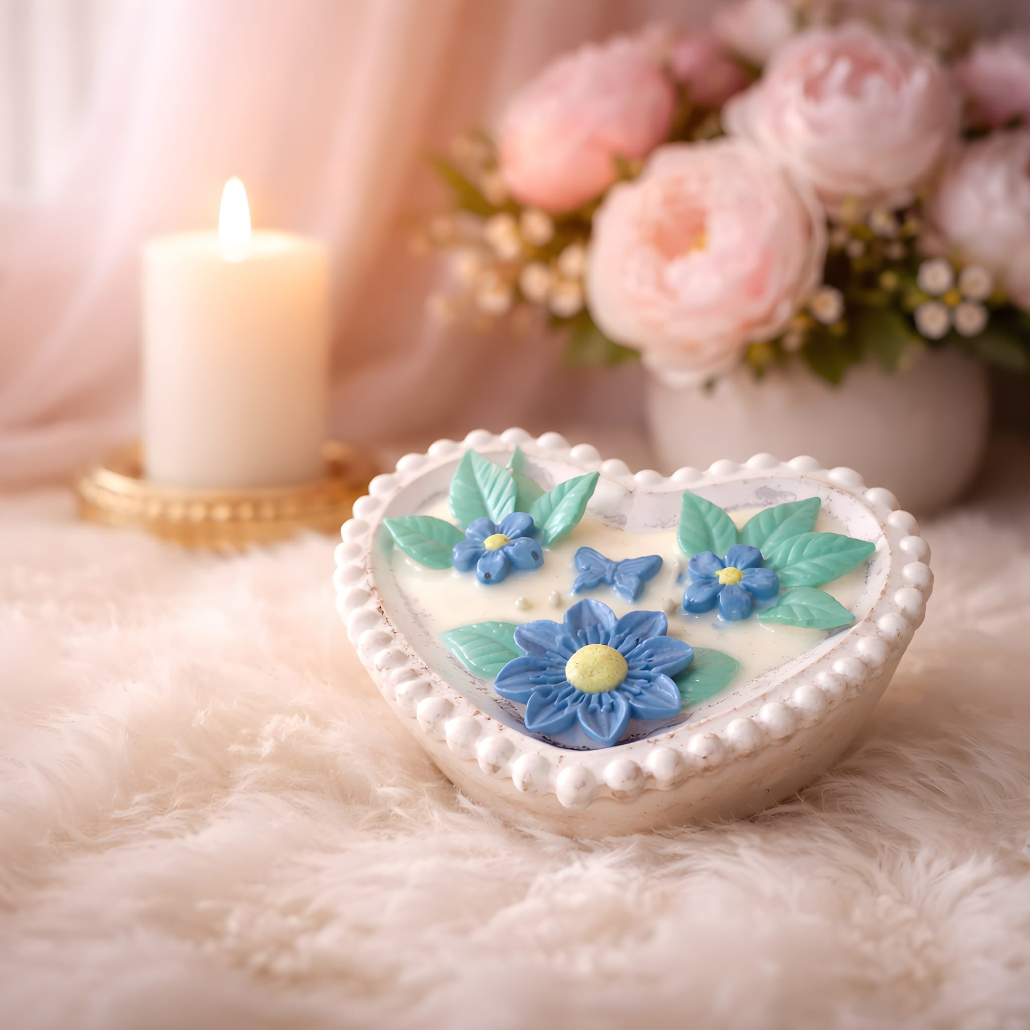 Heart of Blue Petals Candle